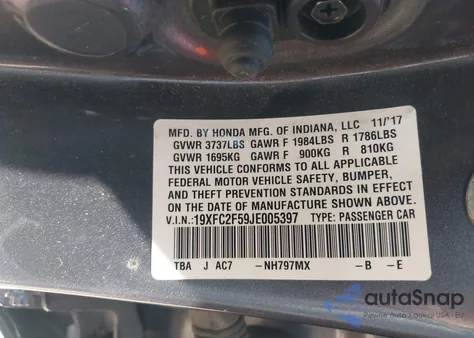 2018 Honda Civic Lx from USA, damaged, VIN 19XFC2F59JE005397